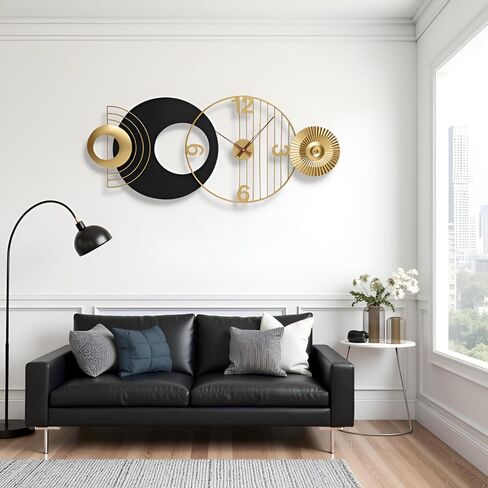 39x19 Inch Modern Abstract Wall Clock, Black and Gold Metal Frame Decorative Clock, Silent Non-Ticking Battery Operated Oversized Wall Art for Living Room, Bedroom, Entryway, Office in Saudi Arabia