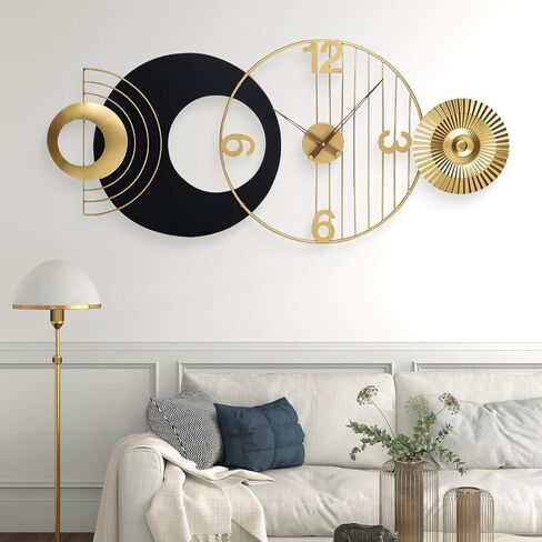 39x19 Inch Modern Abstract Wall Clock, Black and Gold Metal Frame Decorative Clock, Silent Non-Ticking Battery Operated Oversized Wall Art for Living Room, Bedroom, Entryway, Office in Saudi Arabia