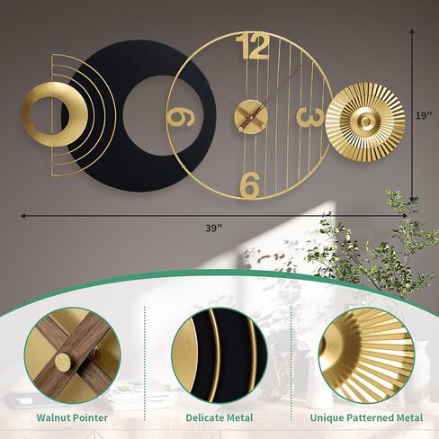 39x19 Inch Modern Abstract Wall Clock, Black and Gold Metal Frame Decorative Clock, Silent Non-Ticking Battery Operated Oversized Wall Art for Living Room, Bedroom, Entryway, Office in Saudi Arabia