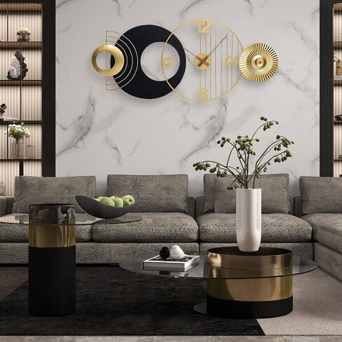 39x19 Inch Modern Abstract Wall Clock, Black and Gold Metal Frame Decorative Clock, Silent Non-Ticking Battery Operated Oversized Wall Art for Living Room, Bedroom, Entryway, Office in Saudi Arabia