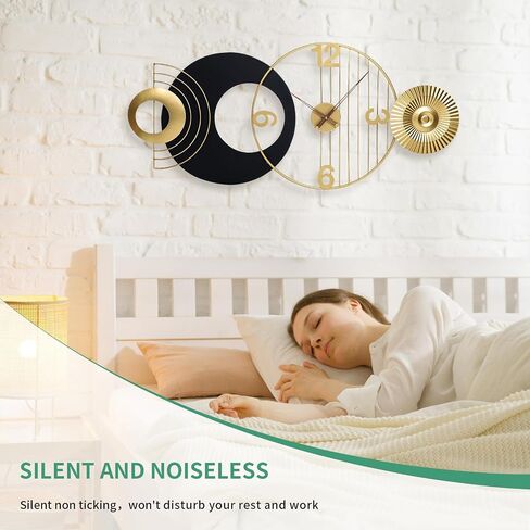 39x19 Inch Modern Abstract Wall Clock, Black and Gold Metal Frame Decorative Clock, Silent Non-Ticking Battery Operated Oversized Wall Art for Living Room, Bedroom, Entryway, Office in Saudi Arabia
