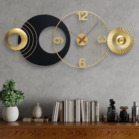 39x19 Inch Modern Abstract Wall Clock, Black and Gold Metal Frame Decorative Clock, Silent Non-Ticking Battery Operated Oversized Wall Art for Living Room, Bedroom, Entryway, Office in Saudi Arabia