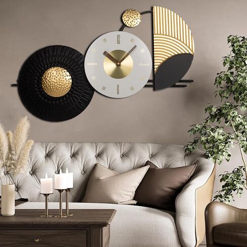 39x19 Inch Modern Abstract Wall Clock, Black and Gold Metal Frame Decorative Clock, Silent Non-Ticking Battery Operated Oversized Wall Art for Living Room, Bedroom, Entryway, Office in Saudi Arabia
