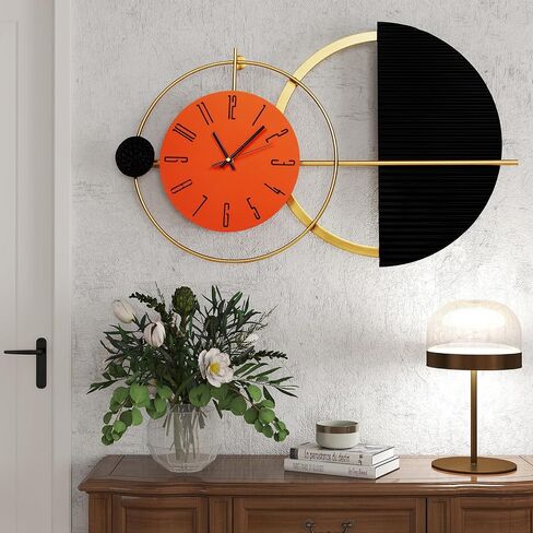 39x19 Inch Modern Abstract Wall Clock, Black and Gold Metal Frame Decorative Clock, Silent Non-Ticking Battery Operated Oversized Wall Art for Living Room, Bedroom, Entryway, Office in Saudi Arabia