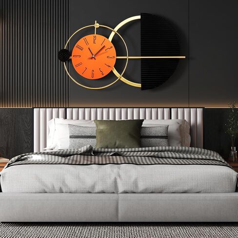 39x19 Inch Modern Abstract Wall Clock, Black and Gold Metal Frame Decorative Clock, Silent Non-Ticking Battery Operated Oversized Wall Art for Living Room, Bedroom, Entryway, Office in Saudi Arabia