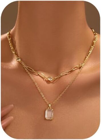 Gold Layered Pendant Necklaces for Women 14k Gold Plated Crystal Choker Necklace Paperclip Rhinestone Necklace Party Prom Jewelry in Kuwait