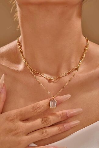 Gold Layered Pendant Necklaces for Women 14k Gold Plated Crystal Choker Necklace Paperclip Rhinestone Necklace Party Prom Jewelry in Kuwait