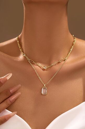 Gold Layered Pendant Necklaces for Women 14k Gold Plated Crystal Choker Necklace Paperclip Rhinestone Necklace Party Prom Jewelry in Kuwait