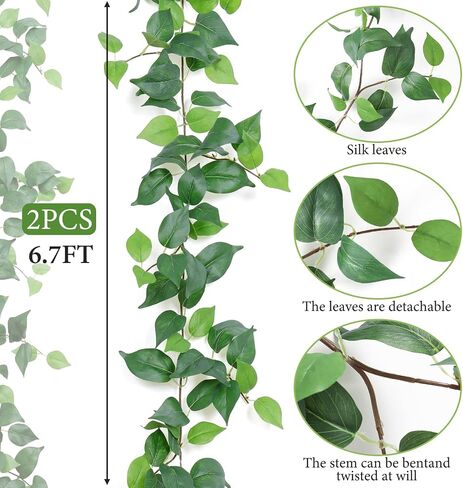 Dremisland 2 Strands Artificial Scindaps Vines Garland 6.7ft Fake Vines Ivy Garland Silk Green Leaves Faux Hanging Plants Greenery Decoration for Bedroom Wall Patio Party Wedding Decor (Ivy, 2PCS) in Saudi Arabia