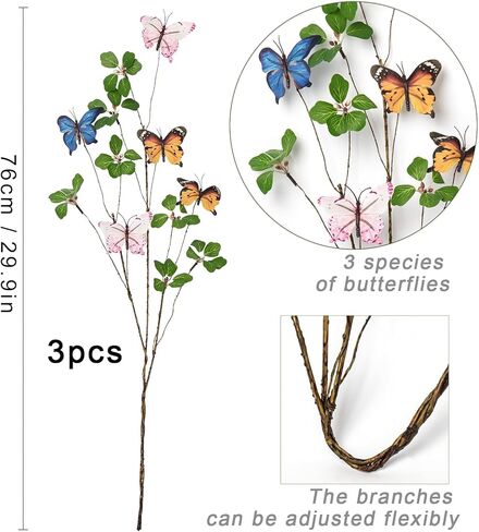 3Pcs Fake Plants Artificial Greenery Stems 29.9 inch Fake Plants Branches, Faux Branches with Colorful Butterflies for Home Office Wedding Vase Filler Banquet Home Decoration. in Saudi Arabia