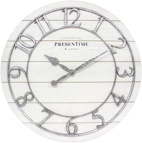 Presentime & Co Classic Farmhouse Shiplap Clock, 19.5 inch, Galvanized Finish Arabic Numerals with White Shiplap Style. Large Farmhouse Decor for Living Room, Entryway, Home Office. Wall Décor in Saudi Arabia