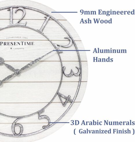 Presentime & Co Classic Farmhouse Shiplap Clock, 19.5 inch, Galvanized Finish Arabic Numerals with White Shiplap Style. Large Farmhouse Decor for Living Room, Entryway, Home Office. Wall Décor in Saudi Arabia