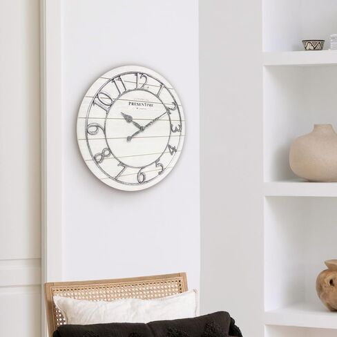 Presentime & Co Classic Farmhouse Shiplap Clock, 19.5 inch, Galvanized Finish Arabic Numerals with White Shiplap Style. Large Farmhouse Decor for Living Room, Entryway, Home Office. Wall Décor in Saudi Arabia