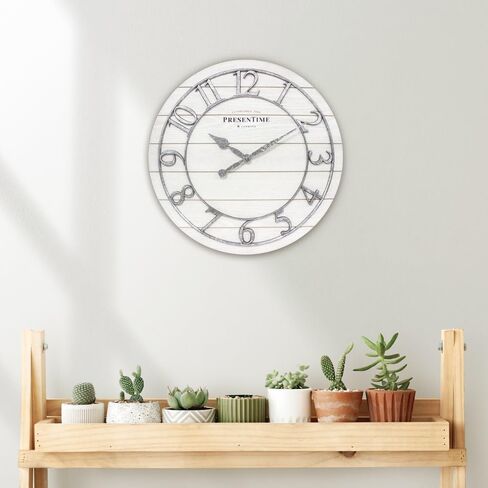 Presentime & Co Classic Farmhouse Shiplap Clock, 19.5 inch, Galvanized Finish Arabic Numerals with White Shiplap Style. Large Farmhouse Decor for Living Room, Entryway, Home Office. Wall Décor in Saudi Arabia