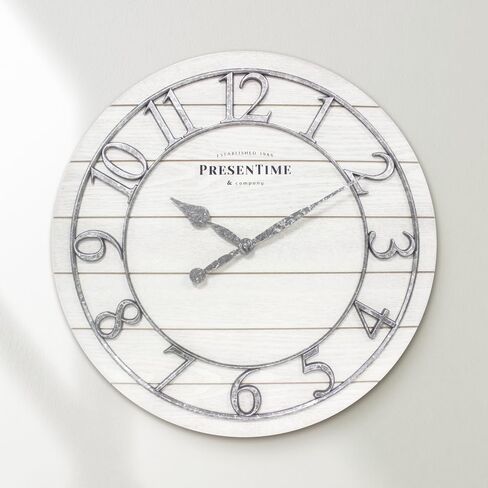 Presentime & Co Classic Farmhouse Shiplap Clock, 19.5 inch, Galvanized Finish Arabic Numerals with White Shiplap Style. Large Farmhouse Decor for Living Room, Entryway, Home Office. Wall Décor in Saudi Arabia