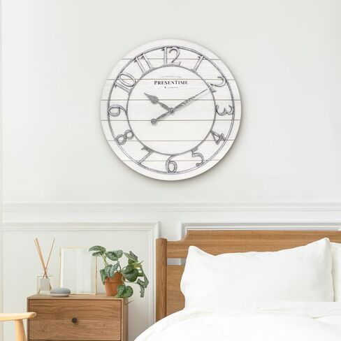 Presentime & Co Classic Farmhouse Shiplap Clock, 19.5 inch, Galvanized Finish Arabic Numerals with White Shiplap Style. Large Farmhouse Decor for Living Room, Entryway, Home Office. Wall Décor in Saudi Arabia