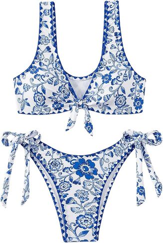 OYOANGLE Women's 2 Piece Floral Print Bikini Swimsuits Beachwear Knot Front Padding Triangle Bathing Suits in Saudi Arabia