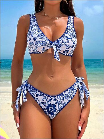 OYOANGLE Women's 2 Piece Floral Print Bikini Swimsuits Beachwear Knot Front Padding Triangle Bathing Suits in Saudi Arabia