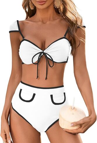 Saodimallsu Womens High Waisted Bikini Sets Cap Sleeve Color Block Tie Back Adjustable Strap 2 Piece Swimsuits in Saudi Arabia