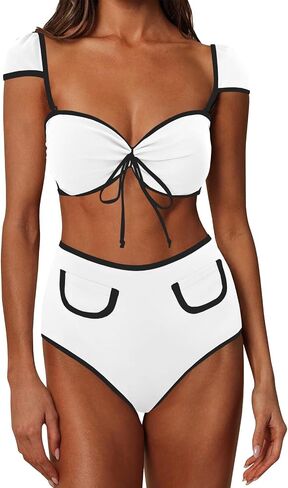 Saodimallsu Womens High Waisted Bikini Sets Cap Sleeve Color Block Tie Back Adjustable Strap 2 Piece Swimsuits in Saudi Arabia
