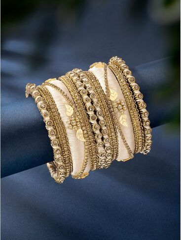 Aheli Traditional Gold Plated 2.6 Inch Cream Silk Thread Chuda Bangles Ethnic Stylish Fashion Jewelry Gift for Women in Saudi Arabia
