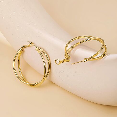Double Layer Gold Hoop Earrings for Women 14K Gold Plated Chunky Hoops 40mm Big Trendy Earrings Hypoallergenic 925 Sterling Silver Posts Jewelry Gift in Saudi Arabia