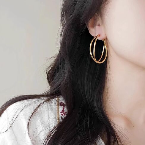 Double Layer Gold Hoop Earrings for Women 14K Gold Plated Chunky Hoops 40mm Big Trendy Earrings Hypoallergenic 925 Sterling Silver Posts Jewelry Gift in Saudi Arabia