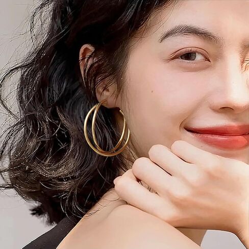 Double Layer Gold Hoop Earrings for Women 14K Gold Plated Chunky Hoops 40mm Big Trendy Earrings Hypoallergenic 925 Sterling Silver Posts Jewelry Gift in Saudi Arabia