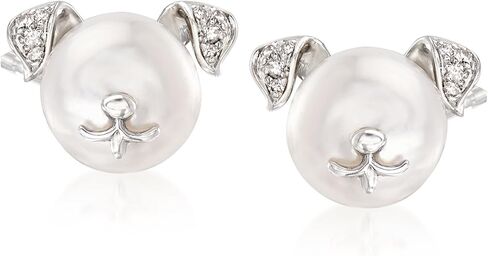 Ross-Simons 8-8.5mm Cultured Pearl Dog Earrings With Diamond Accents in Sterling Silver in Saudi Arabia