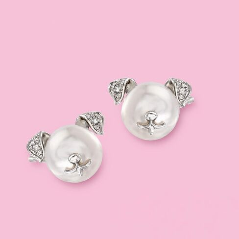 Ross-Simons 8-8.5mm Cultured Pearl Dog Earrings With Diamond Accents in Sterling Silver in Saudi Arabia