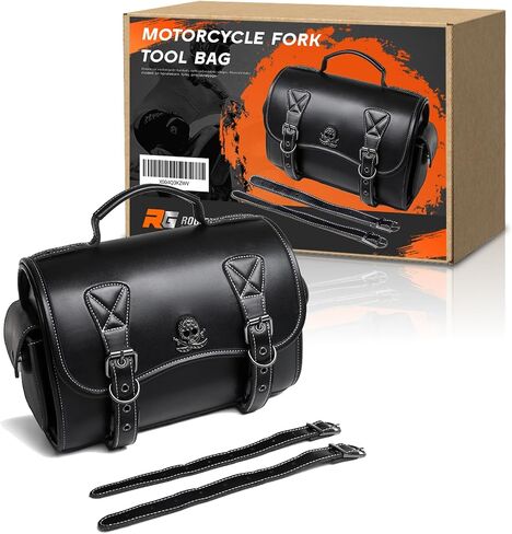 Universal Motorcycle Fork Tool Bag With 2 Mounting Straps,PU Leather Roll Saddlebag For Front Fork, Handlebar & Sissy Bar Storage,Large Capacity Waterproof Fork Bag(Black, Metal Skull Pattern) in Saudi Arabia