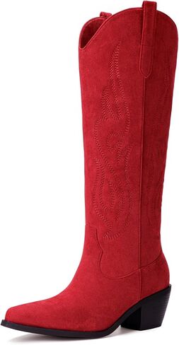 Pasuot Western Cowboy Boots for Women - Knee High Wide Calf Cowgirl Boots with Classic Embroidered, Slip On Pointed Toe Chunky Heel Fashion Retro Classic Pull On Tall Boot Light Brown Size 5.5 in Kuwait