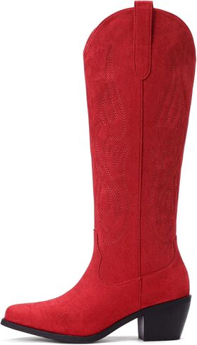 Pasuot Western Cowboy Boots for Women - Knee High Wide Calf Cowgirl Boots with Classic Embroidered, Slip On Pointed Toe Chunky Heel Fashion Retro Classic Pull On Tall Boot Light Brown Size 5.5 in Kuwait