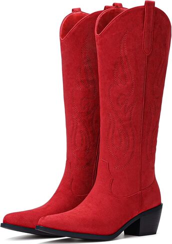 Pasuot Western Cowboy Boots for Women - Knee High Wide Calf Cowgirl Boots with Classic Embroidered, Slip On Pointed Toe Chunky Heel Fashion Retro Classic Pull On Tall Boot Light Brown Size 5.5 in Kuwait