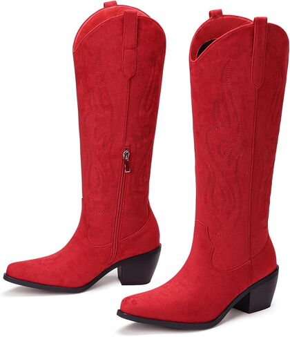 Pasuot Western Cowboy Boots for Women - Knee High Wide Calf Cowgirl Boots with Classic Embroidered, Slip On Pointed Toe Chunky Heel Fashion Retro Classic Pull On Tall Boot Light Brown Size 5.5 in Kuwait