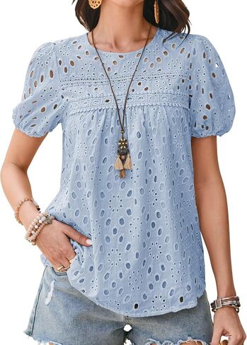 Womens Summer Tops Crewneck Short Sleeve Shirts Casual Babydoll Chiffon Blouses Eyelet Flowy Lace Hem Boho Clothing in Saudi Arabia