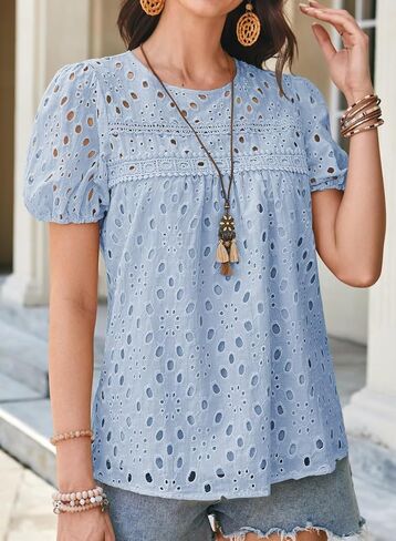 Womens Summer Tops Crewneck Short Sleeve Shirts Casual Babydoll Chiffon Blouses Eyelet Flowy Lace Hem Boho Clothing in Saudi Arabia