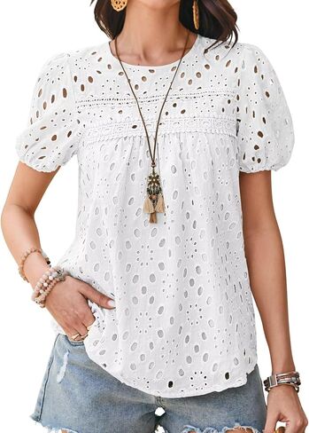 Womens Summer Tops Crewneck Short Sleeve Shirts Casual Babydoll Chiffon Blouses Eyelet Flowy Lace Hem Boho Clothing in Saudi Arabia