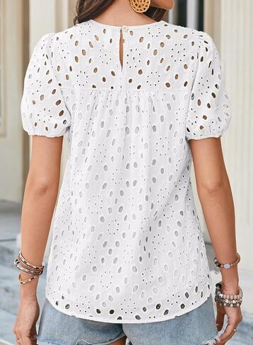 Womens Summer Tops Crewneck Short Sleeve Shirts Casual Babydoll Chiffon Blouses Eyelet Flowy Lace Hem Boho Clothing in Saudi Arabia