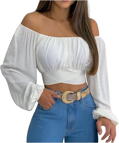 Off Shoulder Crop Top for Women Lantern Sleeve Waist Tie Blouse S-2XL in Saudi Arabia