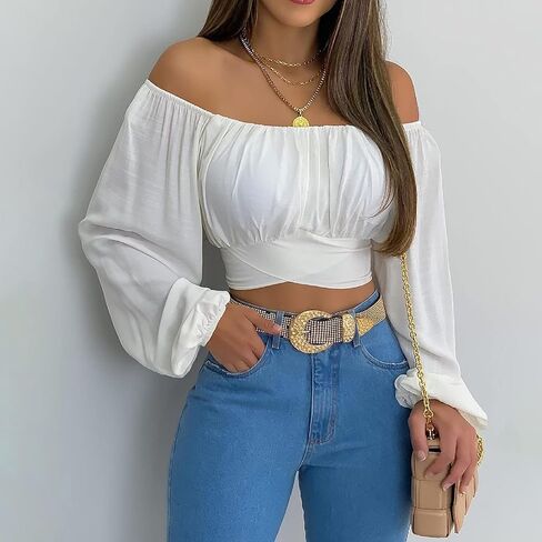 Off Shoulder Crop Top for Women Lantern Sleeve Waist Tie Blouse S-2XL in Saudi Arabia