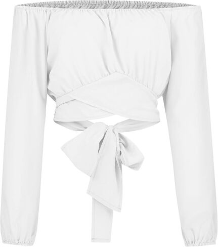 Off Shoulder Crop Top for Women Lantern Sleeve Waist Tie Blouse S-2XL in Saudi Arabia