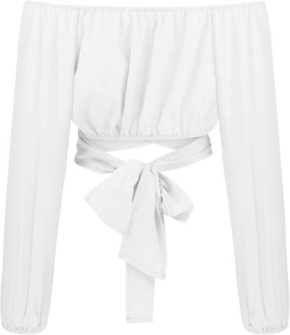 Off Shoulder Crop Top for Women Lantern Sleeve Waist Tie Blouse S-2XL in Saudi Arabia