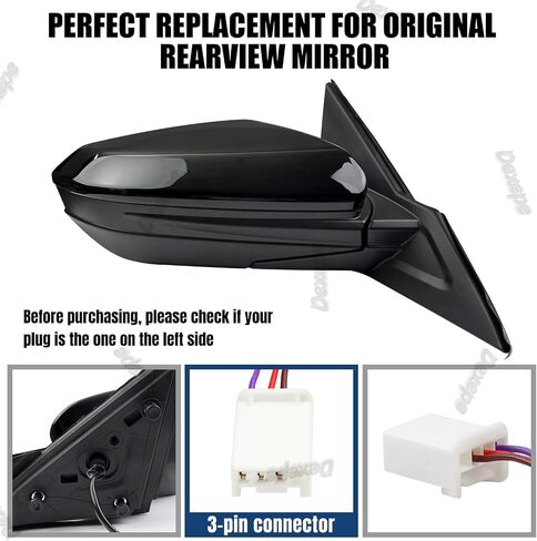 Passenger Side Mirror Assembly 2016-2021 Compatible with Honda Civic Sedan Coupe Hatchback Right Rearview Mirror Non-heated Power Adjustable Glass Replace HO1321283, 76208TBAA01ZA (3 Pin Black) in Kuwait