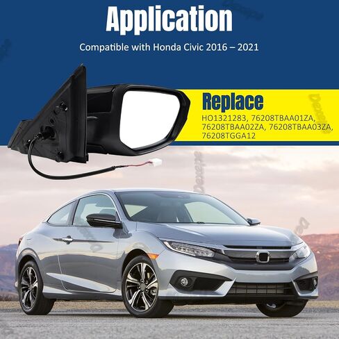 Passenger Side Mirror Assembly 2016-2021 Compatible with Honda Civic Sedan Coupe Hatchback Right Rearview Mirror Non-heated Power Adjustable Glass Replace HO1321283, 76208TBAA01ZA (3 Pin Black) in Kuwait