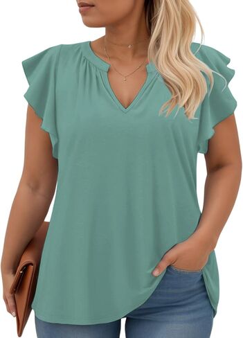 VISLILY Womens-Plus-Size-Summer-Tops Cute Notched V Neck T Shirts Dressy Ruffle Short Sleeve Blouses Trendy Casual Tunics Tee in Saudi Arabia