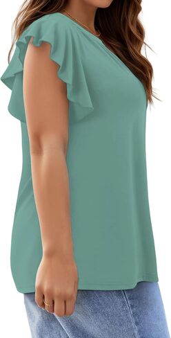 VISLILY Womens-Plus-Size-Summer-Tops Cute Notched V Neck T Shirts Dressy Ruffle Short Sleeve Blouses Trendy Casual Tunics Tee in Saudi Arabia