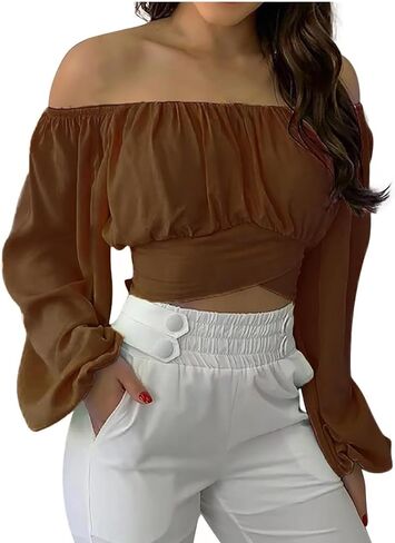 Off Shoulder Crop Top for Women Lantern Sleeve Waist Tie Blouse S-2XL in Saudi Arabia