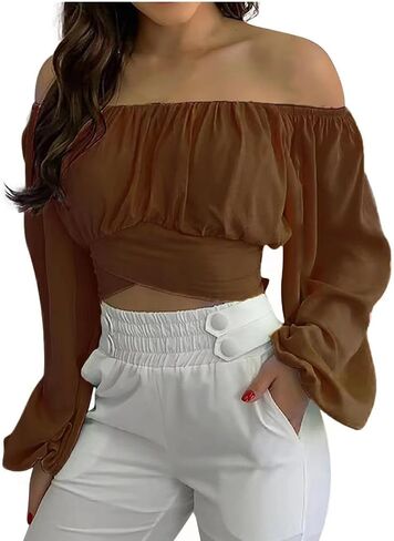 Off Shoulder Crop Top for Women Lantern Sleeve Waist Tie Blouse S-2XL in Saudi Arabia