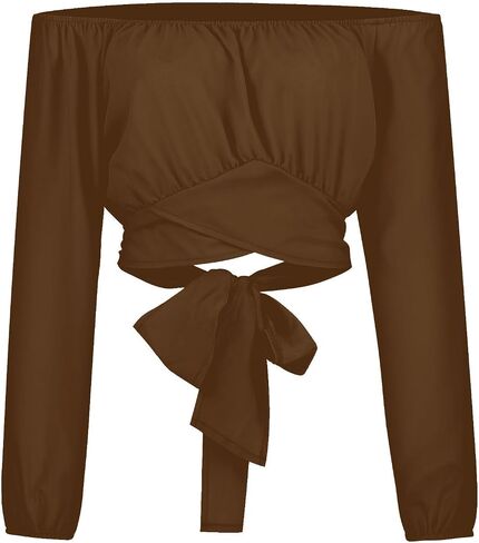 Off Shoulder Crop Top for Women Lantern Sleeve Waist Tie Blouse S-2XL in Saudi Arabia